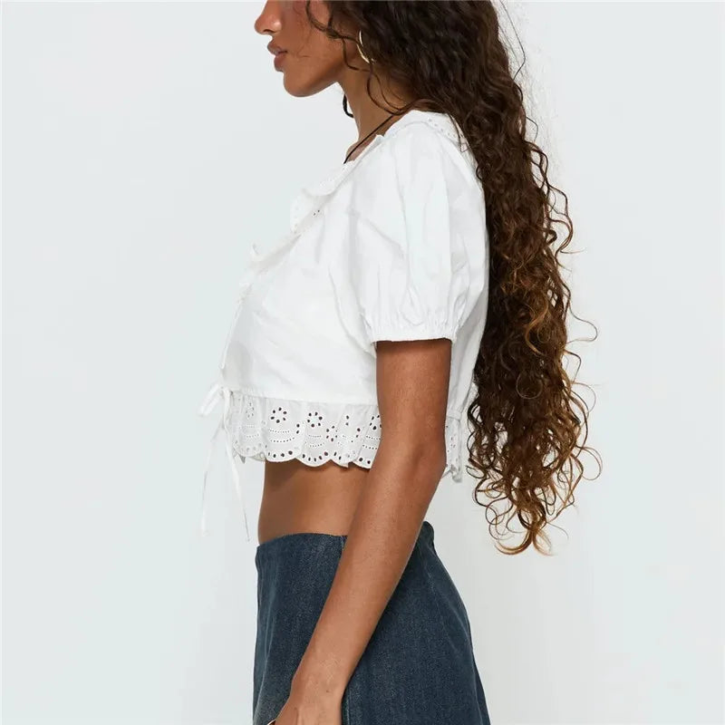 Women Y2K Lace Trim Puff Sleeve Crop Top Summer Hollowed Tie Up Front Blouse Ruffled Eyelet Embroidery Short Sleeve Crop Shirt