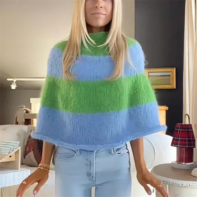 VacationGrabs Y2K Striped Fuzzy Poncho Sweater Women Mock Neck Loose Half Sleeve Cropped Knit Cape Pullover Daily Street Outfit