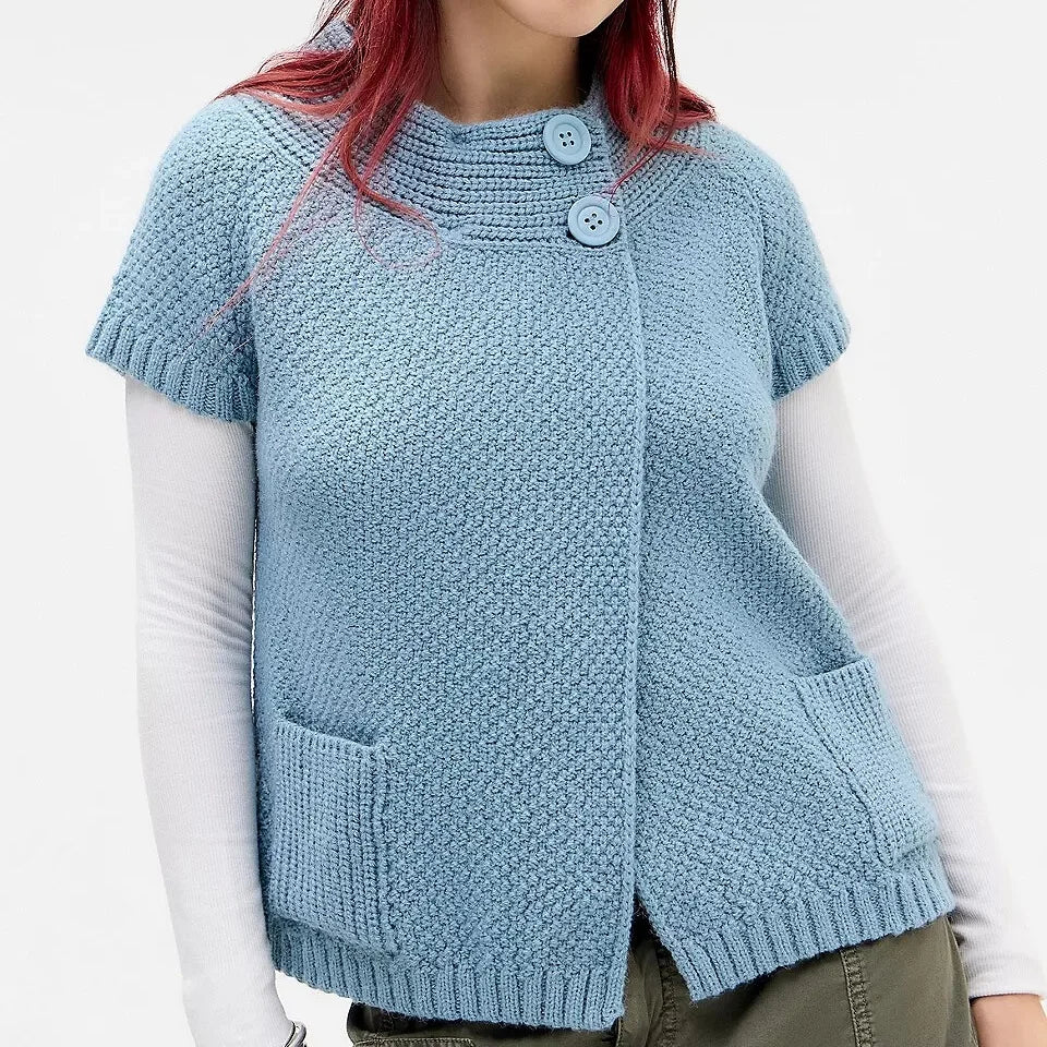 VacationGrabs Knitted Sweater Cardigan Tee Round Neck Short Sleeve Women's Breathable Soft Button Decorated Loose Fit Jumper Top