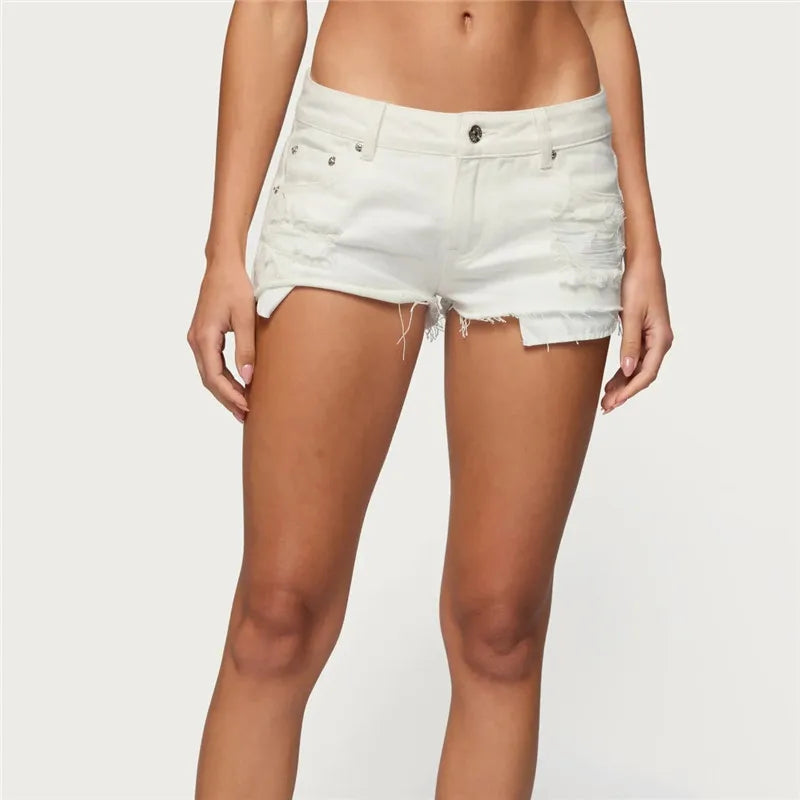 VacationGrabs Womens Low Waist Distressed Denim Shorts Frayed Raw Hem Ripped Jeans Shorts with Inner Layer Casual Streetwear Hot Pants