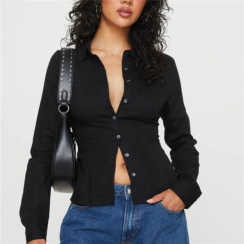 VacationGrabs Women Stripe Shirts Blouse Fashion Long Sleeve Laple Button Down Slim Fit Tops Office Ladies Streetwear for Casual Daily