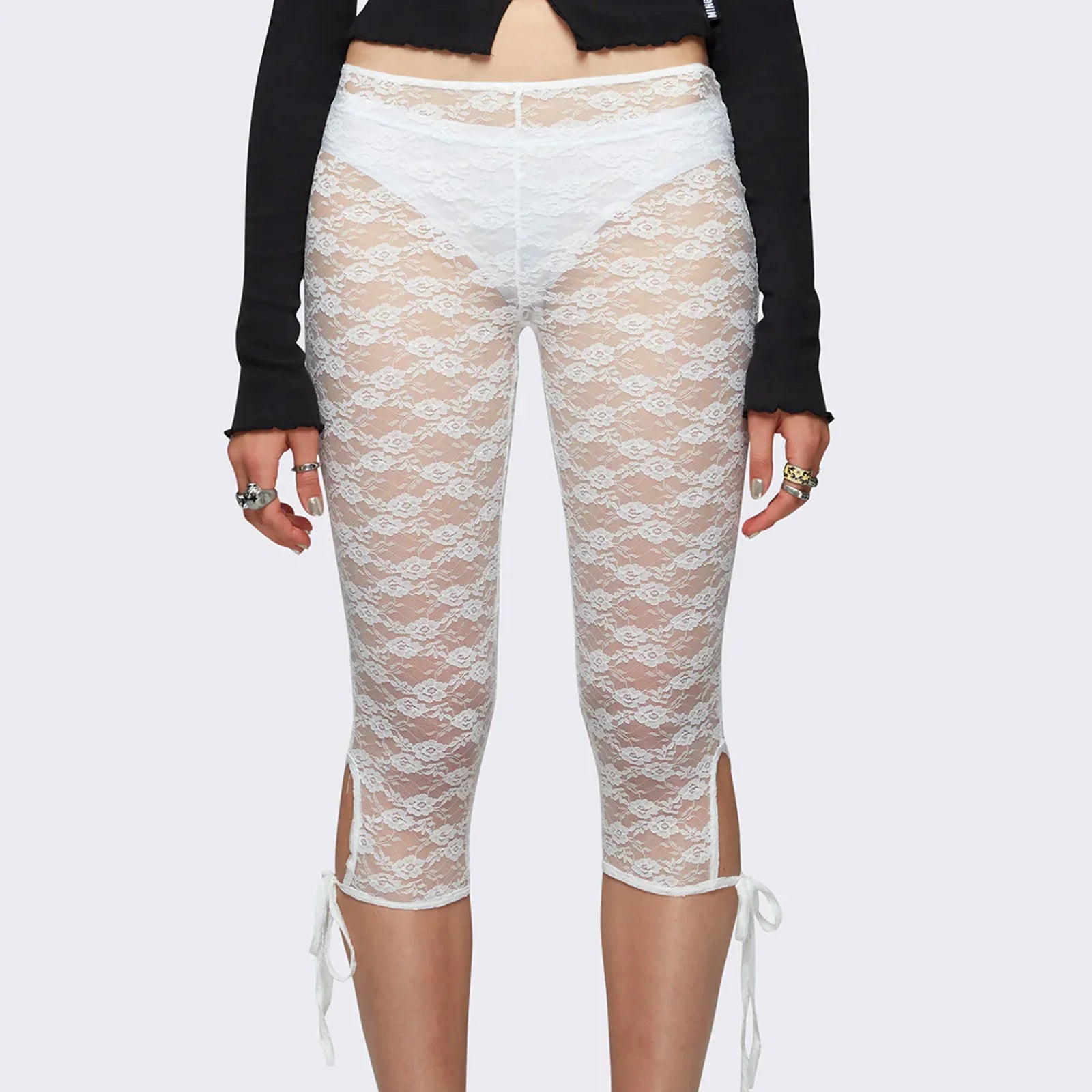 VacationGrabs Lace Capri Leggings for Women Y2k Mesh See Through Pants Fairycore Floral Lace Tights Pants for Daily Streetwear