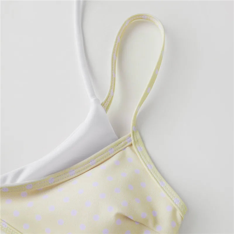VacationGrabs Women's Double Layered Bikini Set Dot Print Halter Bra with Side Tie-up Low Waist Shorts 2 Pcs Swimsuit Beachwear
