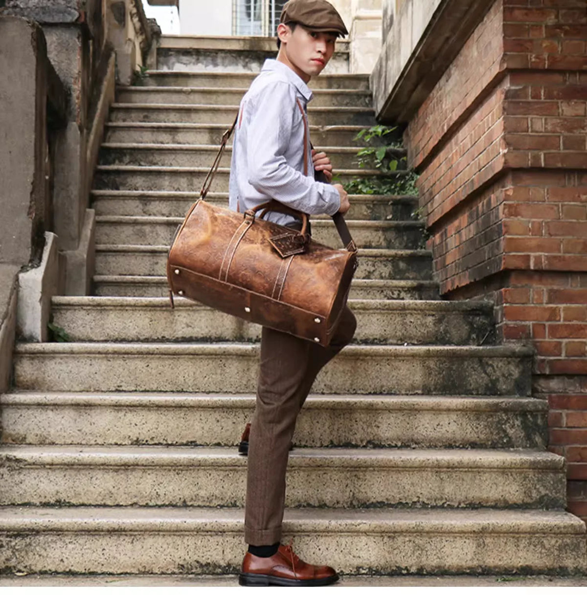 LUOKIR Vintage Embossed Leather Tote Bag Large Capacity Genuine Leather Short-Term Travel Bag for Clothing and Luggage Gym Bag