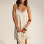 Women's Summer Mini Cami Dress Y2K Sleeveless Lace Patchwork V Neck Spaghetti Strap Short Dress Vintage Beach Sundress