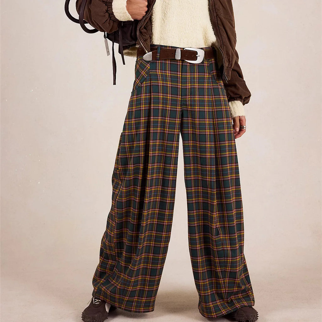 VacationGrabs Women Y2k Gingham Wide Leg Mid Rise Holiday High Street Tartan Pants Vintage Plaid Baggy Trousers with Pockets
