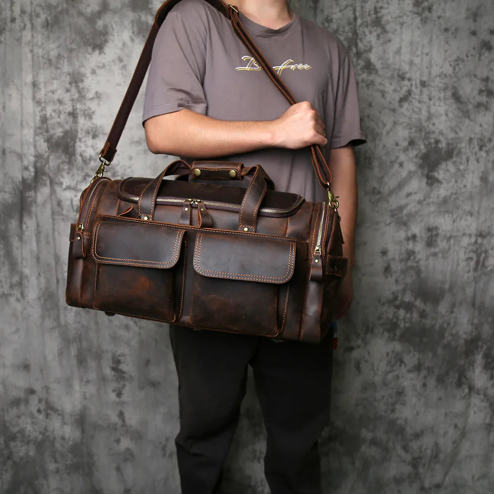 Men's Vintage Genuine Leather Travel Duffel Bag – Large Capacity Weekender