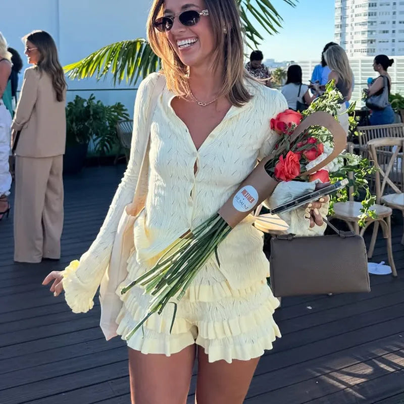Women's Summer Knit Two Piece Outfits Solid Color Long Sleeve Cardigan + Tiered Ruffled Shorts Set Spring Fall Streetwear