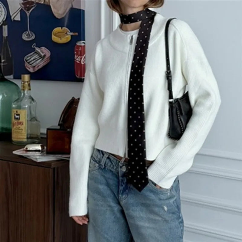 VacationGrabs Women Ribbed Knit Cropped Zip Up Cardigan Crew Neck Double Zipper Long Sleeve Loose Fuzzy Sweater Jacket for Winter