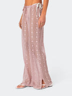 VacationGrabs Women's Summer Sheer Beach Long Pants Casual Drawstring Waist Wide Leg Lace Floral See Through Pants Beachwear