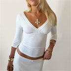 VacationGrabs Y2K Vintage Wrap V Neck Crop Top Ladies 3/4 Sleeve Ruched Slim Fitted Short Blouse Casual Going Out Streetwear Tops