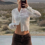 VacationGrabs Hollow Floral Lace Women Cropped Cardigan Stand Collar Long Sleeve Button Sheer See Through Cover Up Casual Beach Tops