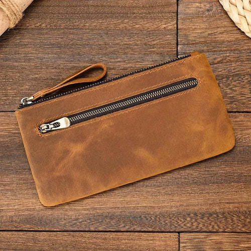 Crazy Horse Leather Zipper Wallet with Key Chain for Coins & Cards - VacationGrabs
