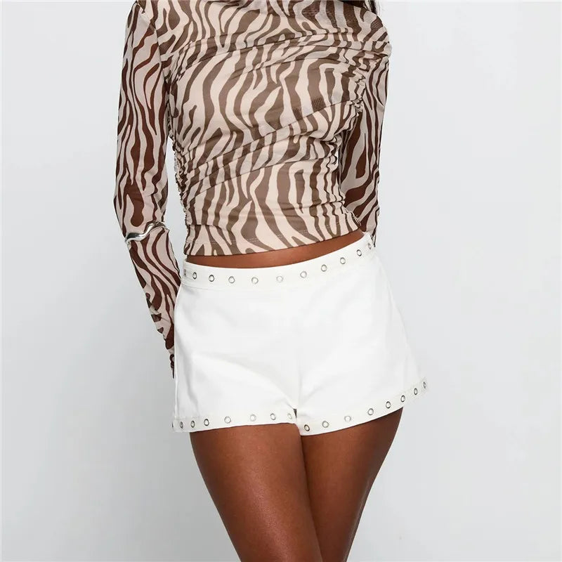 VacationGrabs Women Low Waist Studs Fold Over Micro Short Punk Y2K Casual Mini Bottoms Shorts Pj Trendy Skinny Yoga Pajamas