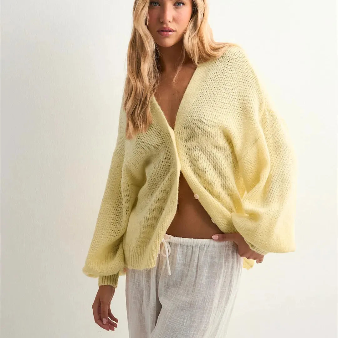 VacationGrabs Women's Solid Color Knit Cardigan Autumn V-Neck Fuzzy Long Sleeve Button Front Closure Sweaters Winter Casual Knitwear