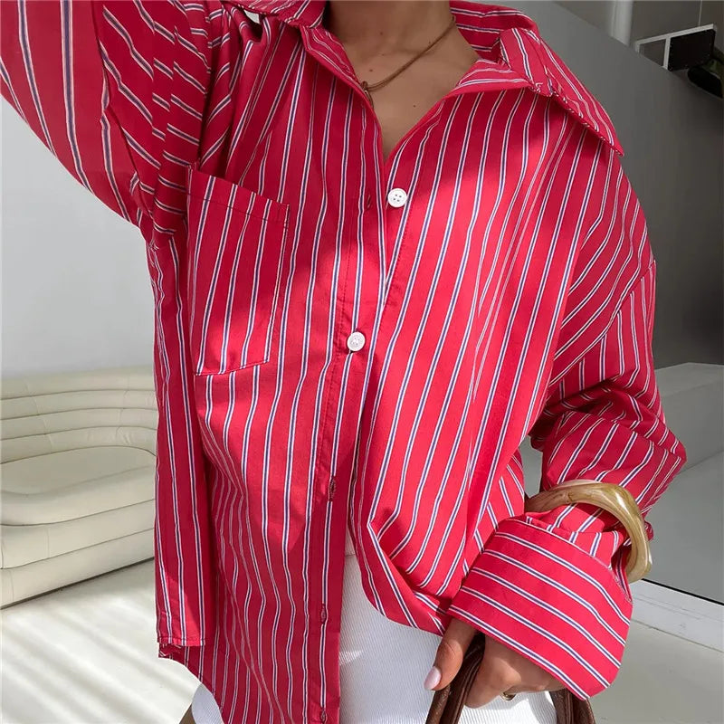 VacationGrabs Women Spring Button Down Shirt Pinstripe Loose Fit Long Sleeve Button Up Shirt Wide Collar Casual Tops Workout Shirts