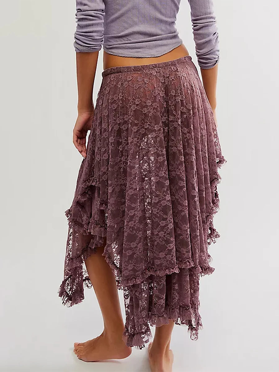 VacationGrabs Floral Lace Long Skirt for Women Y2K Elastic Waist Asymmetrical Layered Maxi Skirt Sexy See Through Flowy Beach Skirt
