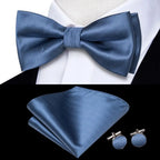 Navy blue bow tie silk with matching pocket square and cufflinks