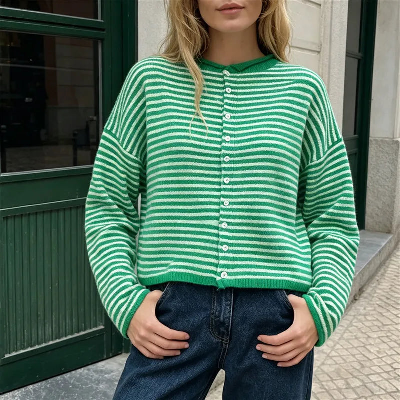 Hirigin Women Striped Cropped Knit Cardigan Round Neck Button Down Drop Shoulder Long Sleeve Loose Fit Knitted Sweater Jacket