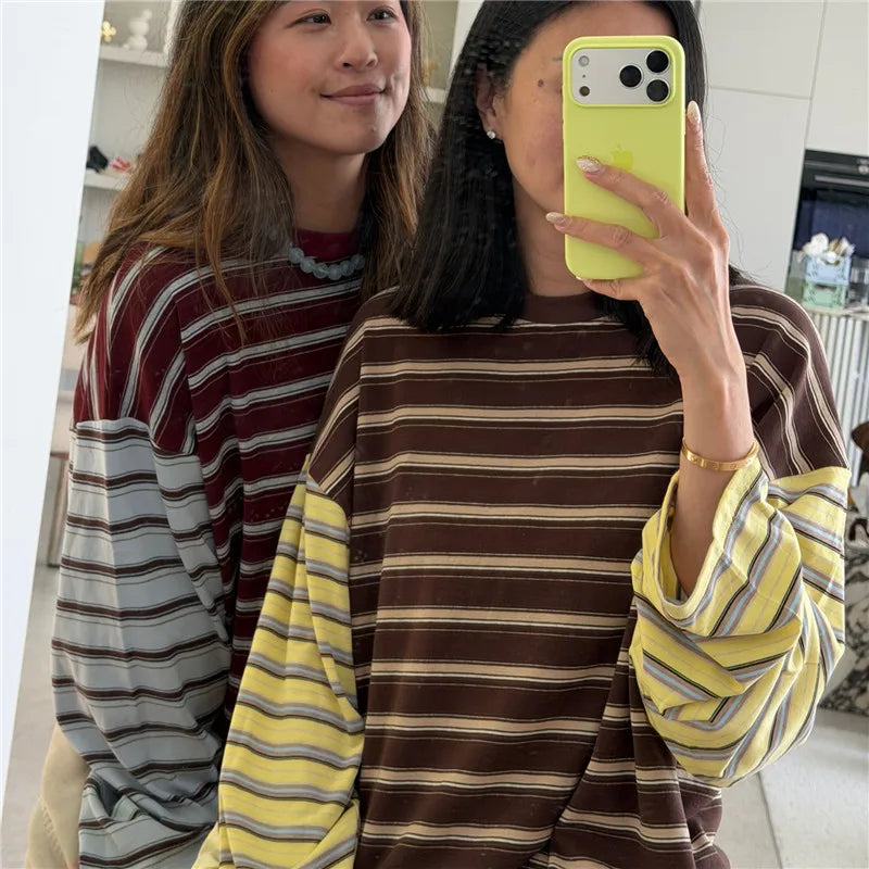 VacationGrabs Women Patchwork Striped Long Sleeve T‑Shirt Crew Neck Oversized Drop Shoulder Cropped Loose Casual Street Top
