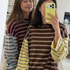 VacationGrabs Women Patchwork Striped Long Sleeve T‑Shirt Crew Neck Oversized Drop Shoulder Cropped Loose Casual Street Top