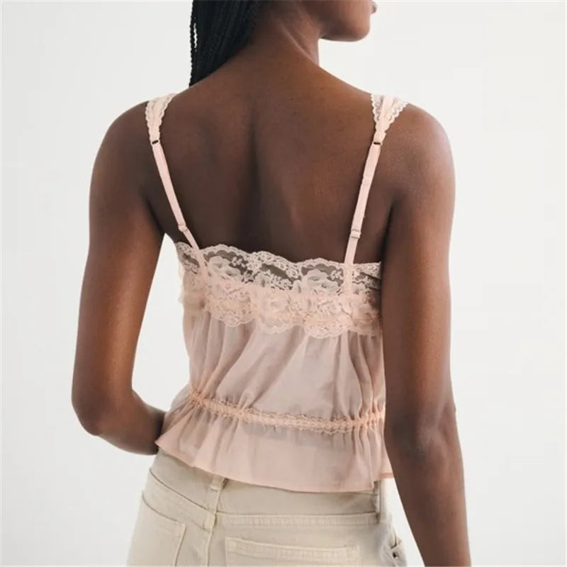 Women Lace Trim Camisole Top Spaghetti Strap Square Neck Button Down Drawstring Waist Ruffle Crop Tank Top Y2K Fairy Streetwear