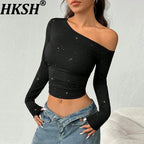 Women's Asymmetric Off-Shoulder Long Sleeve Studded Top
