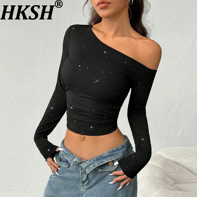 Women's Asymmetric Off-Shoulder Long Sleeve Studded Top
