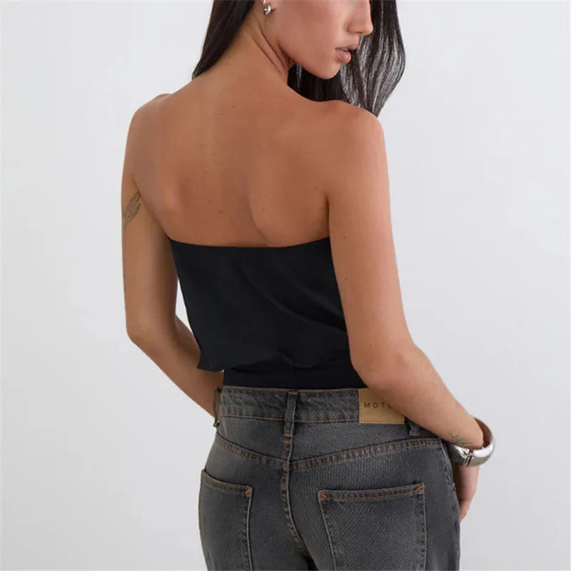 VacationGrabs Y2K Button Trim Strapless Tube Top Women Elastic Waist Hem Bandeau Sleeveless Off Shoulder Cropped Blouse Streetwear