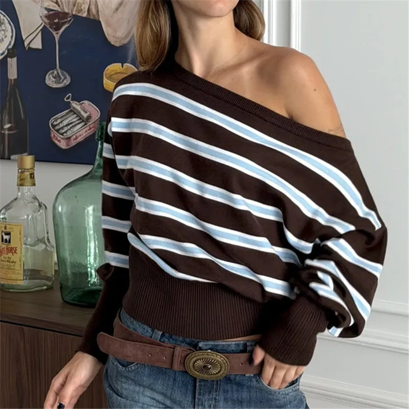 VacationGrabs Vintage Stripe Asymmetrical One Shoulder Knit Top Women Batwing Sleeve Ribbed Hem Cropped Sweater Winter Fall Streetwear
