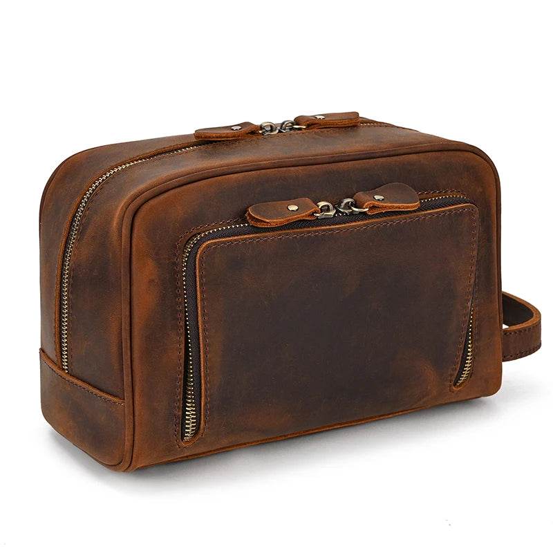 Thick Leather Clutch Bag for Men Genuine Leather Toiletry Kit Bag - VacationGrabs