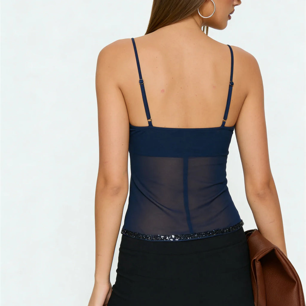 Sequin Mesh Cami Top – Sheer Backless Vacation Top