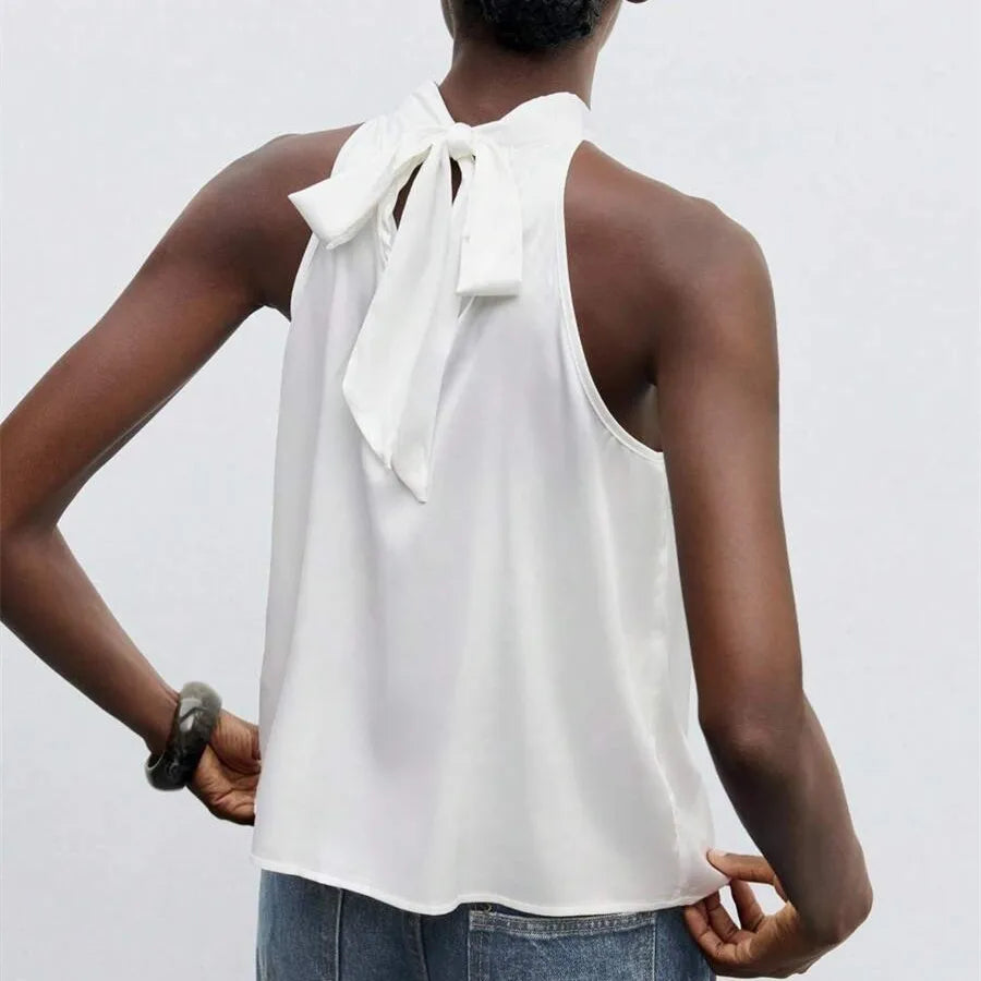VacationGrabs Elegant Satin Halter Neck Tank Tops Women's Sleeveless Solid Color T Shirt Basic Crop Tops Fashion Summer Party Clubwear