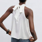 VacationGrabs Elegant Satin Halter Neck Tank Tops Women's Sleeveless Solid Color T Shirt Basic Crop Tops Fashion Summer Party Clubwear