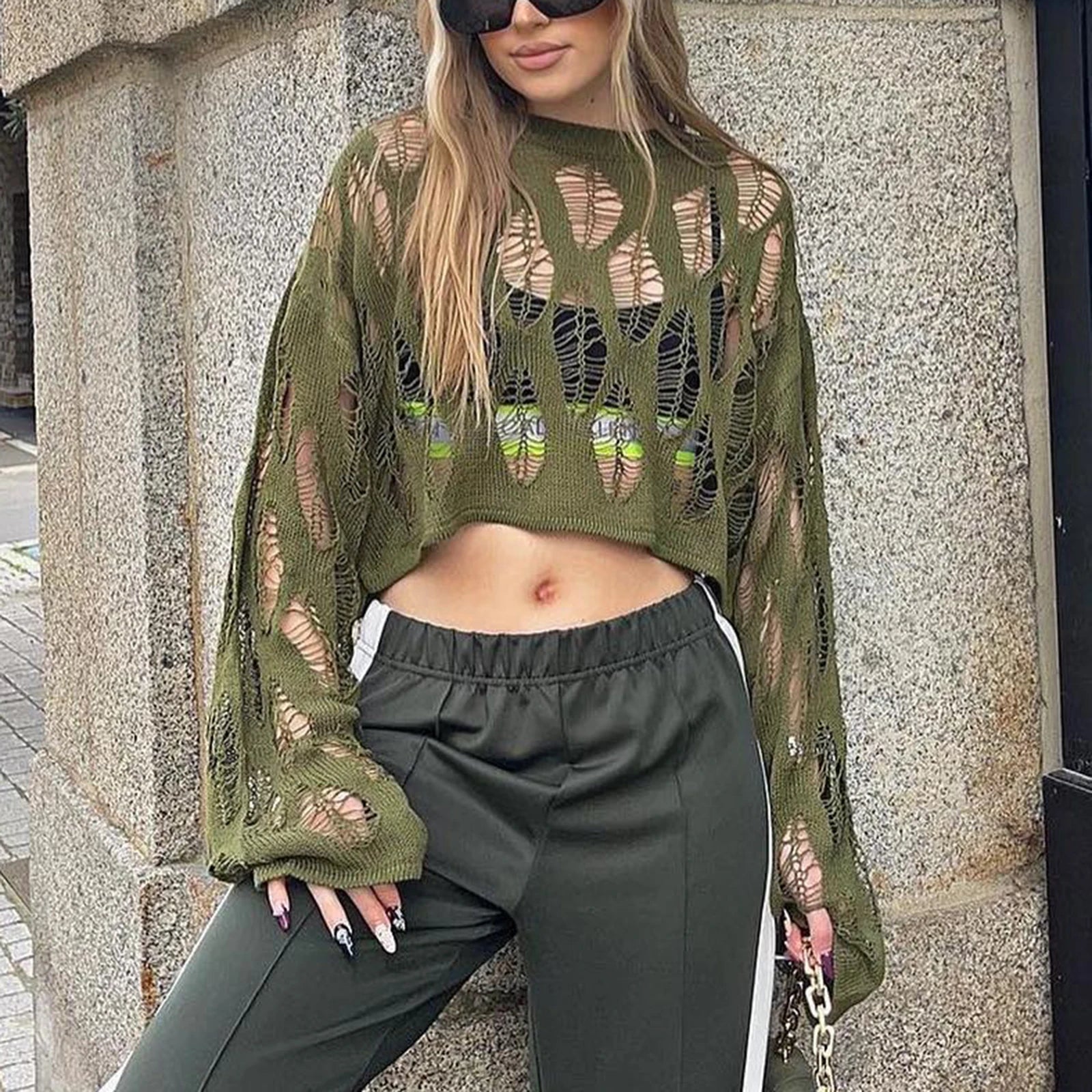 VacationGrabs Women Knit Hollow Out Sweater Long Sleeve Crew Neck Ribbed Solid Pullover Crop Top Winter Fall Y2K Vintage Streetwear