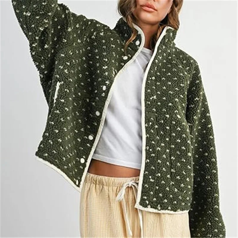 Womens Fleece Fuzzy Jacket Heart Dots Print Long Sleeve Winter Warm Fluffy Coats Button Down Sherpa Cardigan Y2K Outerwear