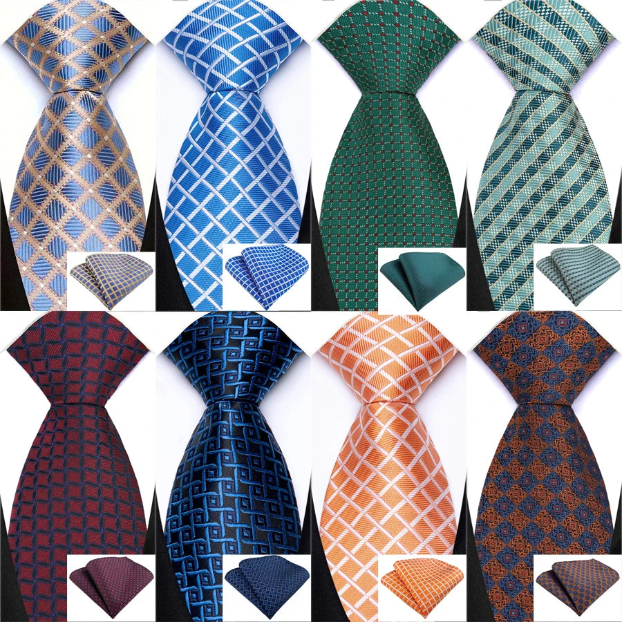 Men Tie Hankerchief Set Plaid & Checks 8CM Necktie Pocket Square Cravat for Male Wedding Party Business Gift Accessories