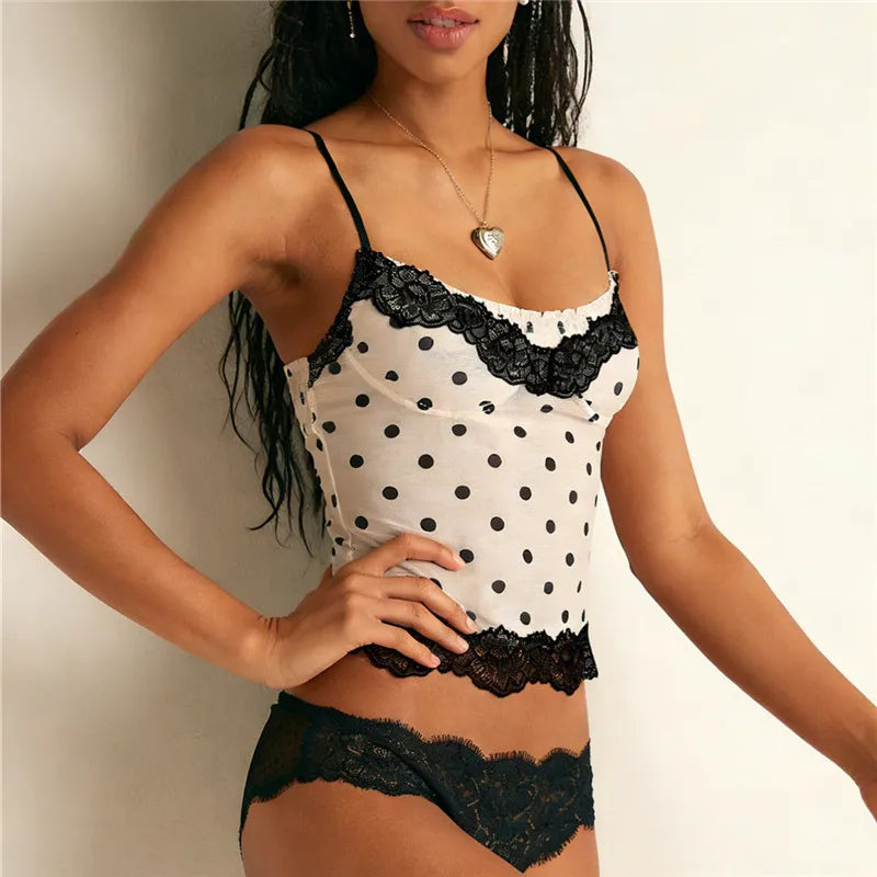 VacationGrabs Women's Summer Slim Camisole Lace Patchwork Y2K Polka Dot Print Spaghetti Strap Mesh Tank Tops Streetwear