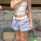 VacationGrabs Teen Girl Elastic Waist Micro Casual Shorts Women Y2K Plaid Print Boxer Shorts Retro Streetwear Summer Lounge Bottoms