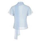 VacationGrabs Y2K Women Mesh Sheer Blouse Short Flutter Sleeve Keyhole Neck Tie Scarf Collar Slim Fit Cropped Top Vintage Party Shirt