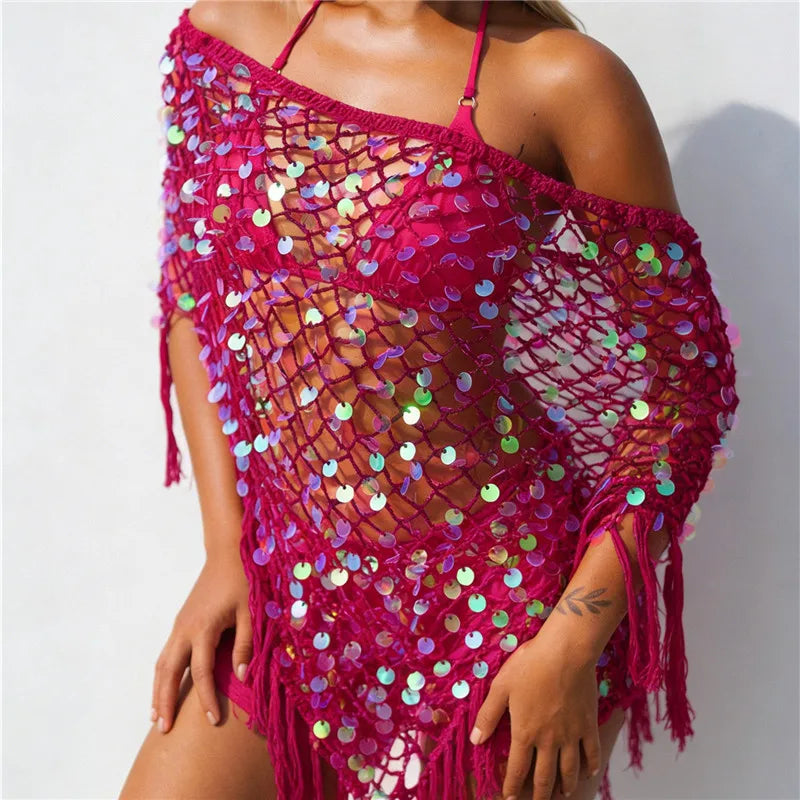 VacationGrabs Women's Tassel Knit Ponchos Fashion Sequin Off One Shoulder Loose Fit Crochet Shrug Shawl for Casual Beach Wear