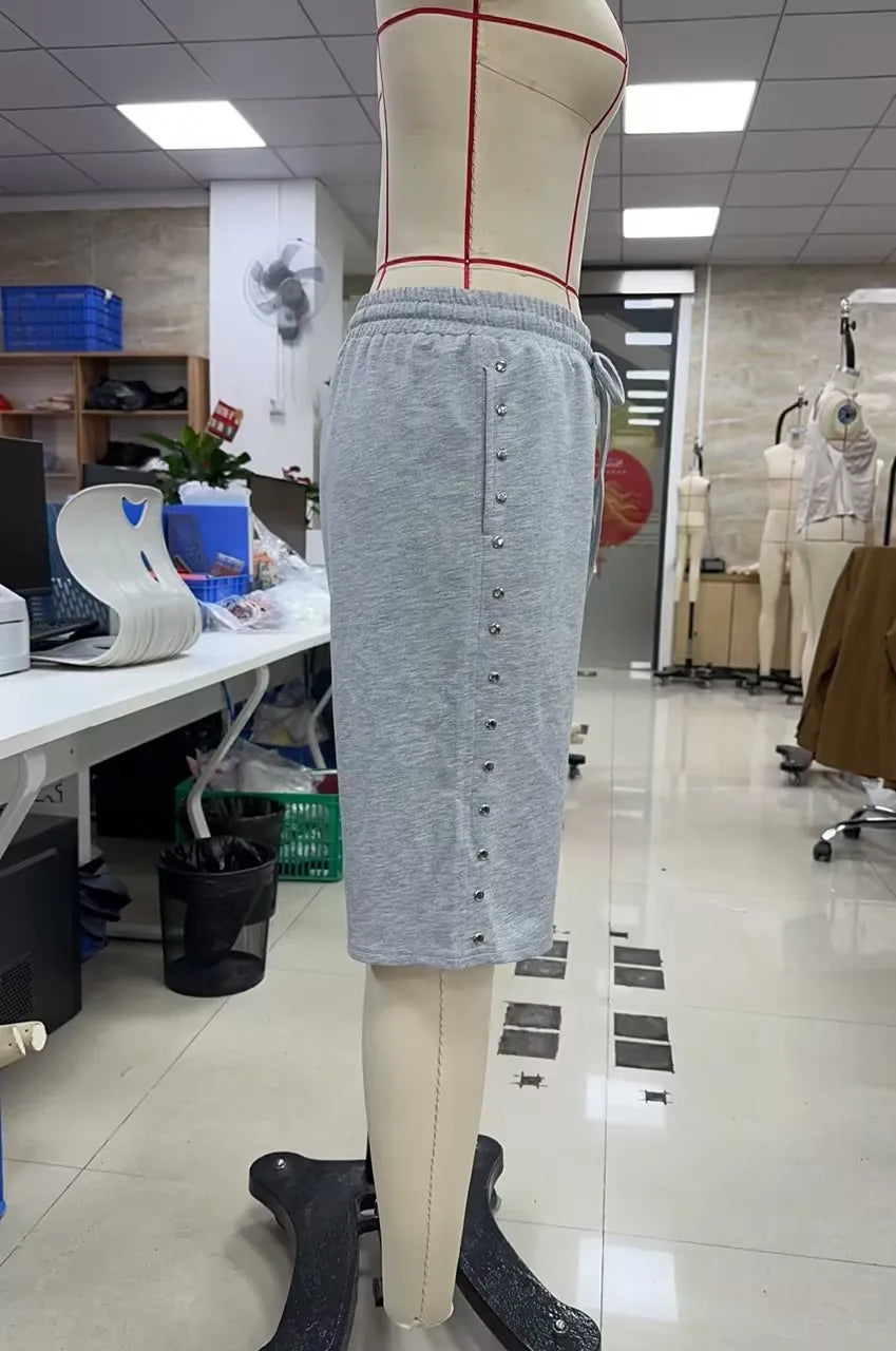 VacationGrabs Women's Knee Length Sweat Shorts with Side Snap Buttons Drawstring Waist Casual Loose Fit Summer Y2K Streetwear