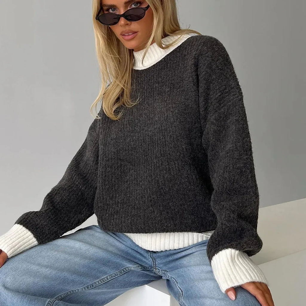 VacationGrabs Casual Autumn Winter Women Sweater Korean Fashion Color Patchwork Solid O-Neck Loose Long Sleeve Pullovers Knitted Tops