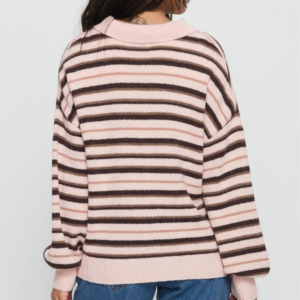 VacationGrabs Women Y2K Striped Sweater Long Sleeve Color Block Lapel V Neck Knit Jumper Tops Winter Warm Oversized Sweater