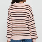 VacationGrabs Women Y2K Striped Sweater Long Sleeve Color Block Lapel V Neck Knit Jumper Tops Winter Warm Oversized Sweater