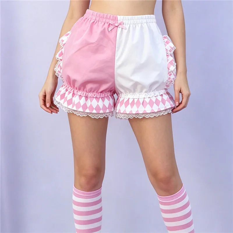 VacationGrabs Lolita Women Bloomers Shorts Color Block Patchwork Ruffle Lace Elastic Waist Pumpkin Pantalettes Sweet Cosplay Bottoms