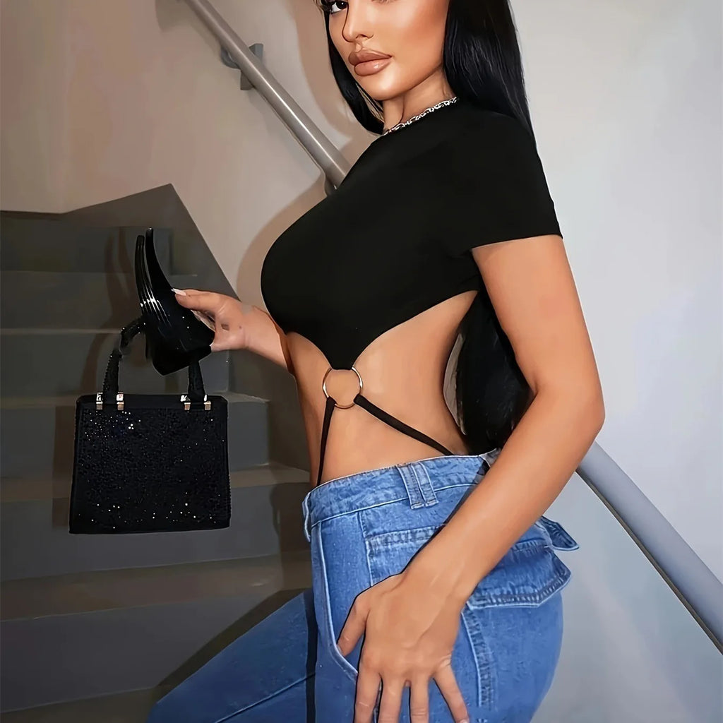 VacationGrabs Women Lingerie Thong Jumpsuit Solid Color Short Sleeve Round Neck Slim Fit Bodysuit Rompers Bodycon Sleepwear