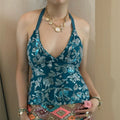 Sequin Flower Halter Vests Women's Summer Chic Backless Bandage Sleeveless Tank Tops Slim Fit V-Neck Crop Tops Streetwear