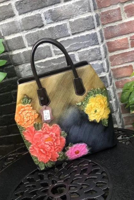  Handmade Floral Embossed Leather Handbag Tote Bag Luxury Shoulder Bags