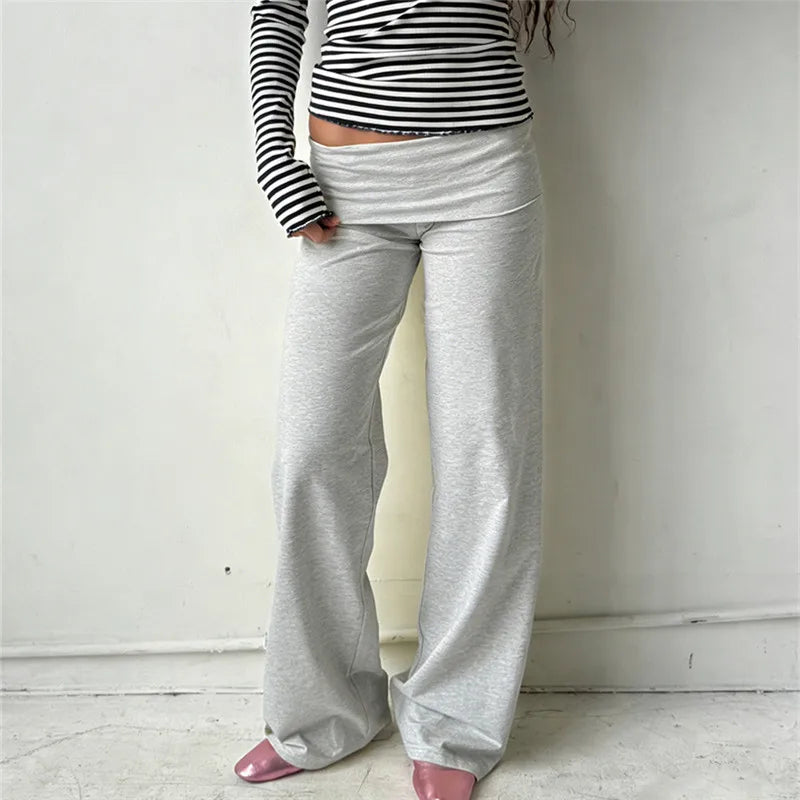 VacationGrabs Women Wide Leg Pants Solid Fold Over Waist Casual Trousers Spring Fall Straight Leg Sweatpants Bottoms Y2K Streetwear